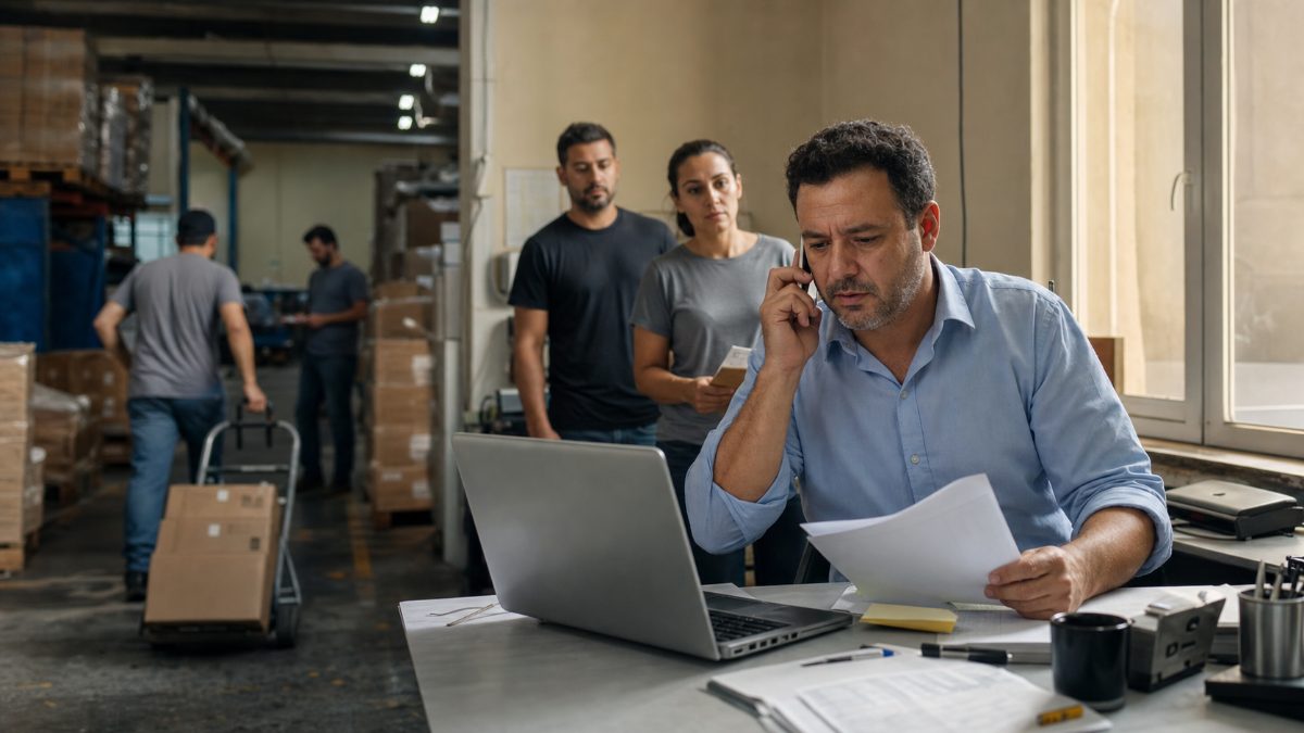 Empresário sobrecarregado ao telefone conferindo papéis na operação